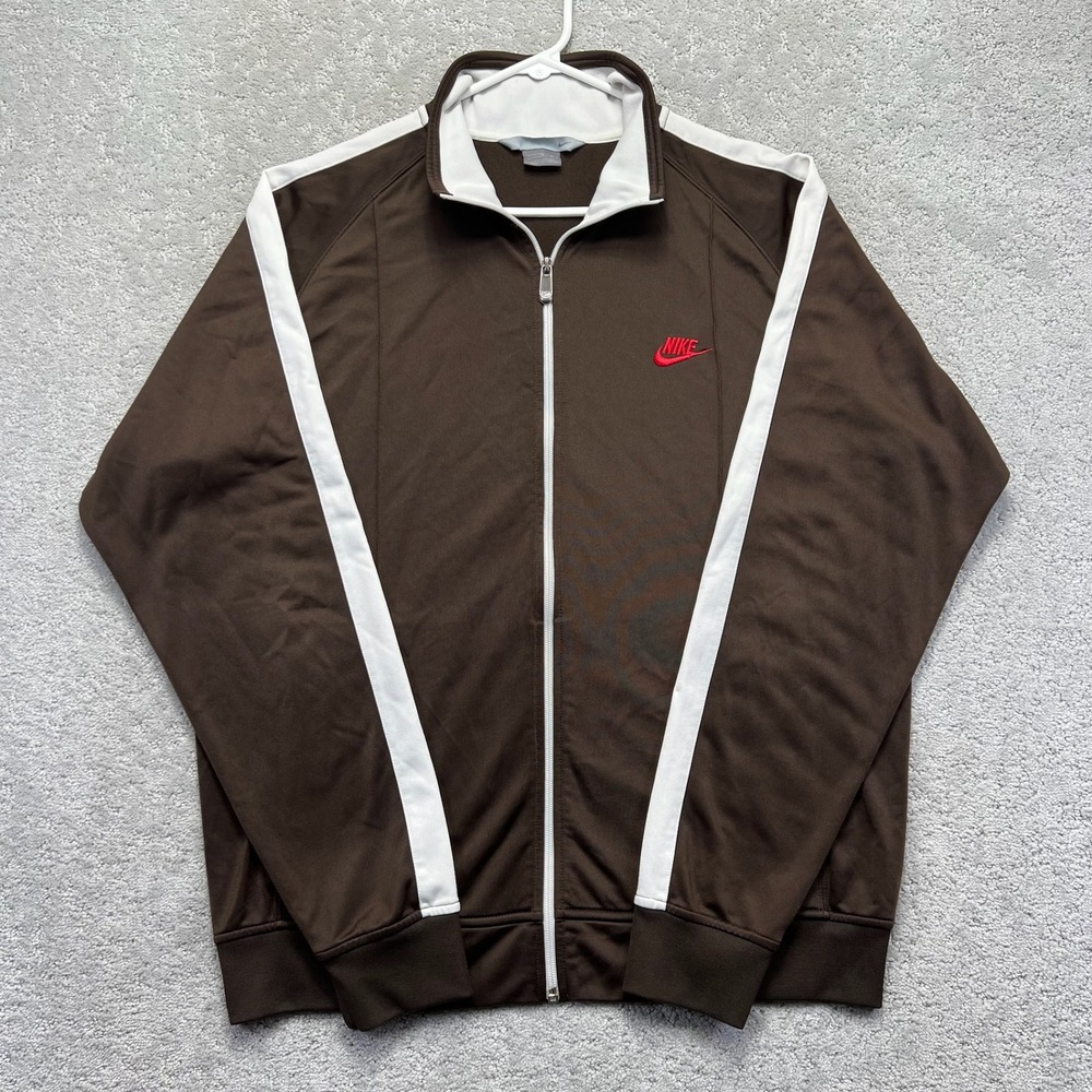 Nike Track Jacket Mens XL Brown White Side Stripe Full Zip Embroidered Logo Y2K
